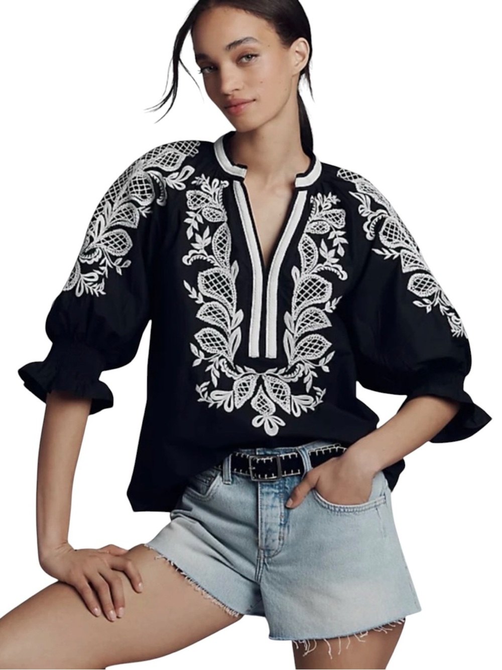 Maeve Black cotton v neck blouse with White Floral Embroidery medium